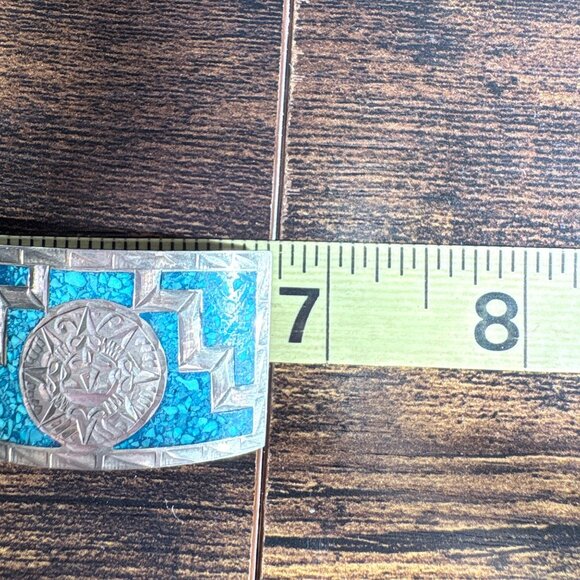Sterling Silver Turquoise Inlay Aztec Calendar Motifs Hinged Cuff Bracelet 6.75" - Picture 9 of 11
